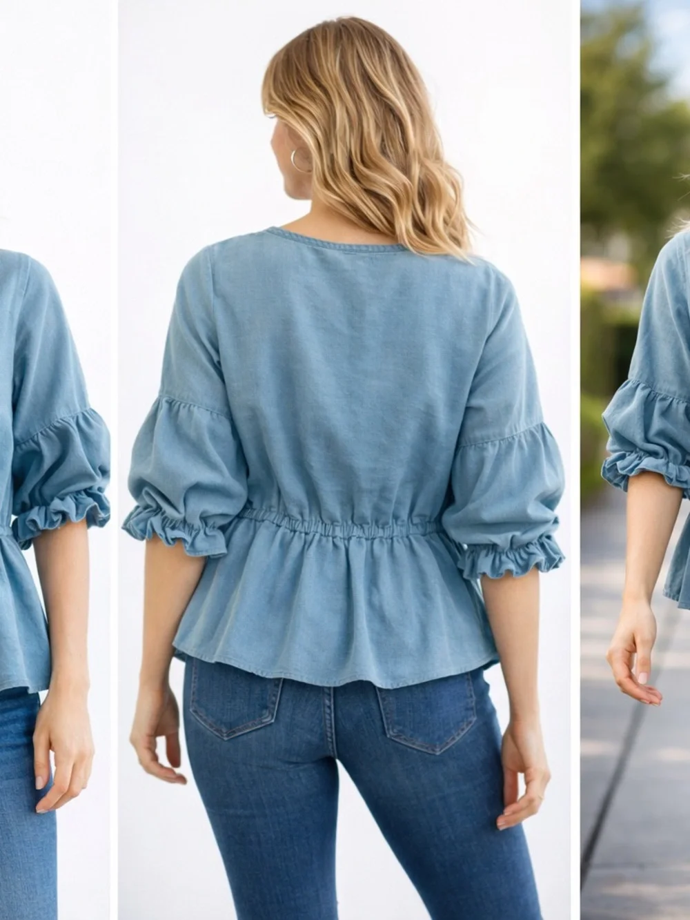 Blue Peplum Blouse Womens Small V Neck Button Front Ruffle Sleeve Top - Picture 3 of 10